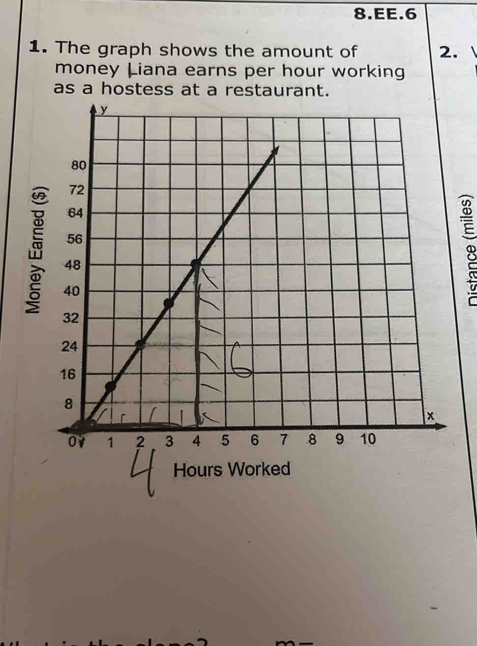 EE.6 
1. The graph shows the amount of 2. 
money Liana earns per hour working 
as a hostess at a restaurant. 
8