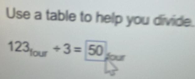 Use a table to help you divide.
123_four/ 3=50_four