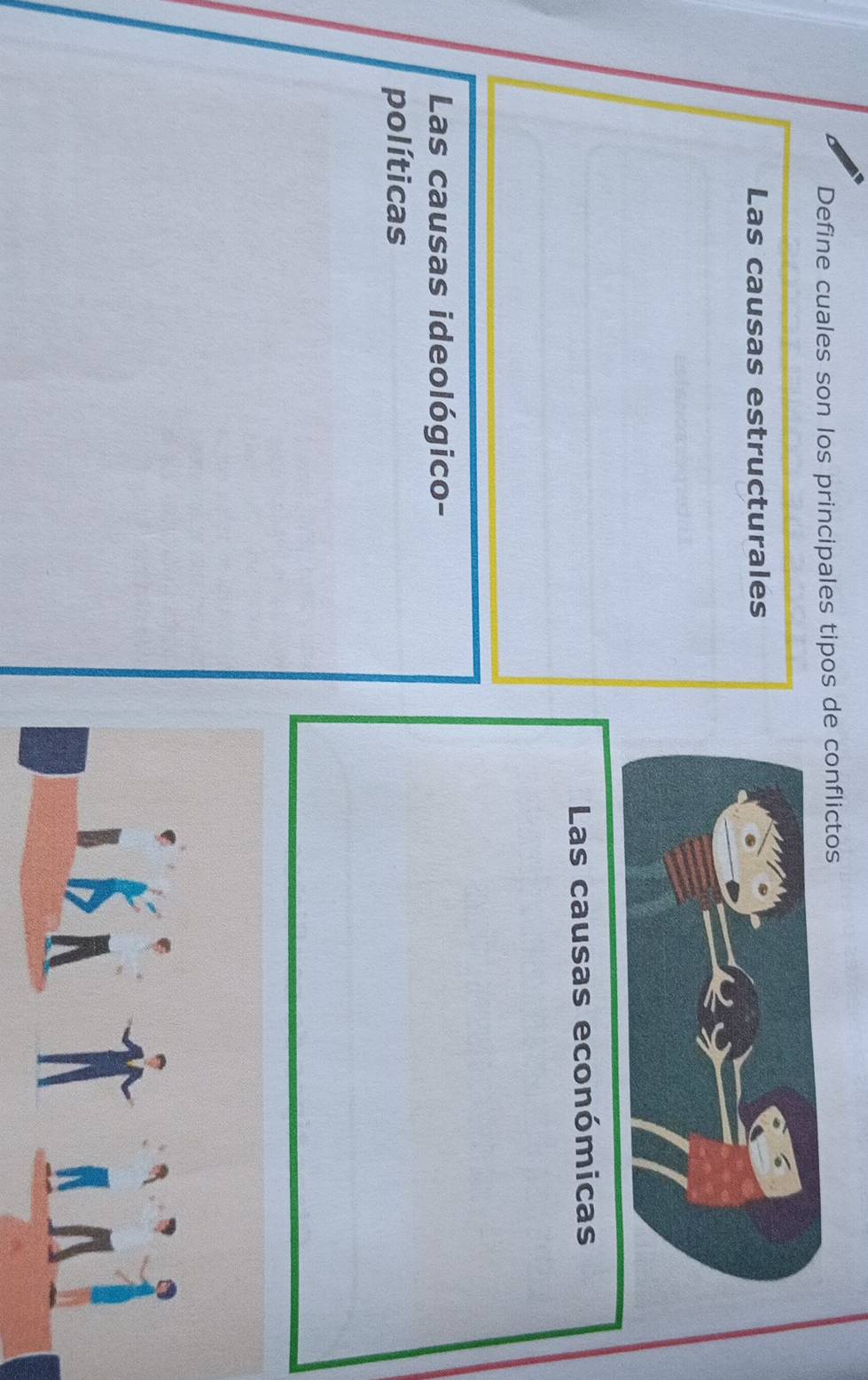 Define cuales son los principales tipos de conflictos
Las causas estructurales
Las causas económicas
Las causas ideológico-
políticas