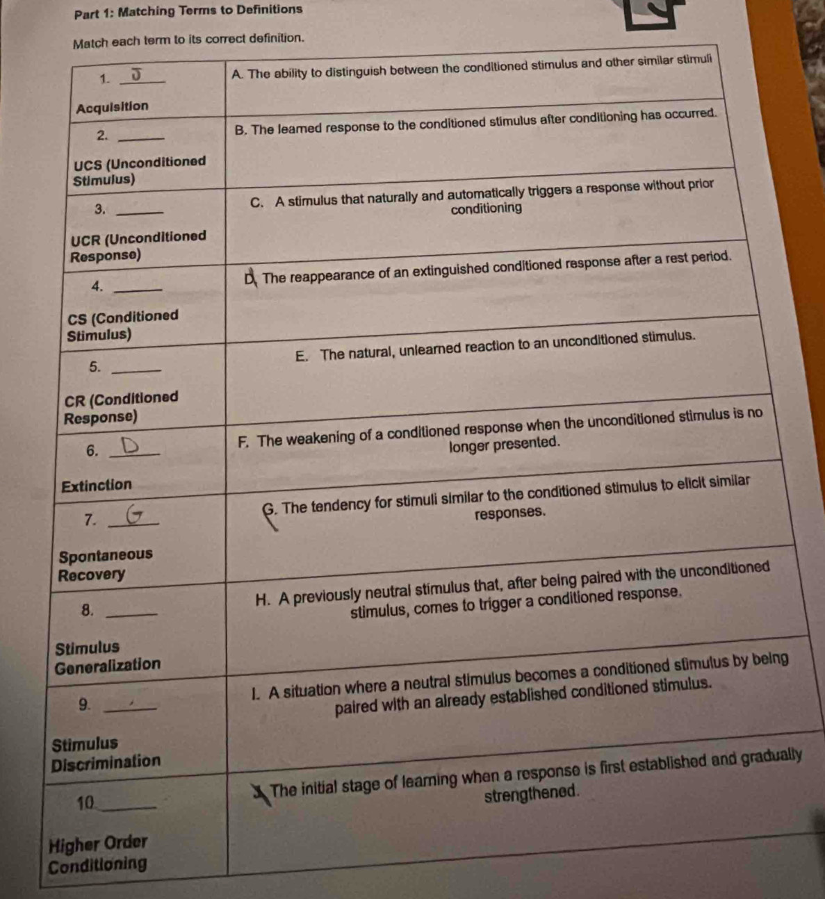 Matching Terms to Definitions 
Match each term to its correct definition. 
g 
ally 
Conditioning