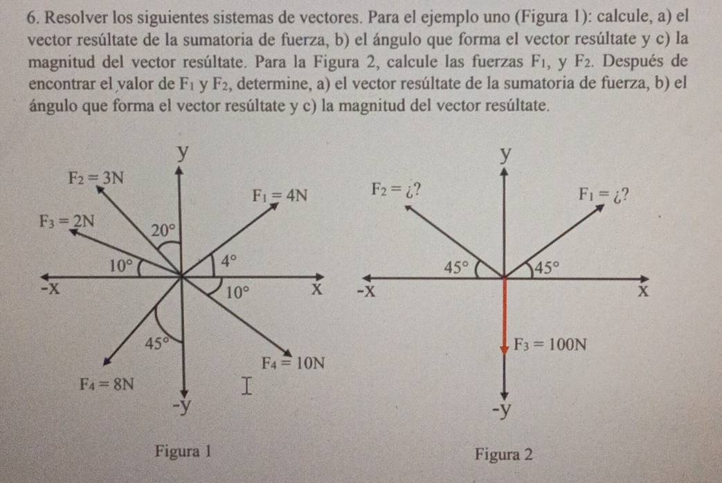 Resolver los siguientes sistemas de vectores. Para el ejemplo uno (Figura 1): calcule, a) el
vector resúltate de la sumatoria de fuerza, b) el ángulo que forma el vector resúltate y c) la
magnitud del vector resúltate. Para la Figura 2, calcule las fuerzas F_1 , y F_2. Después de
encontrar el valor de F_1 y F_2 , determine, a) el vector resúltate de la sumatoria de fuerza, b) el
ángulo que forma el vector resúltate y c) la magnitud del vector resúltate.
Figura 1 Figura 2