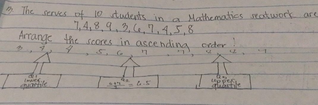 The serves of 10 students in a Mathematics seatwork are
7, 4, 8 、 9 、 3, Cc, 7, A, 5, 8
Arrange the scores in ascending order 
3. 9y 5, C. 1 ( I T 
Q1 
lowes upper 
quarbile  (c+7)/2 =6.5
quaitile