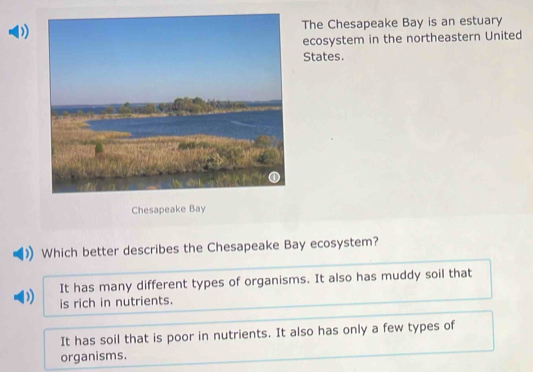 The Chesapeake Bay is an estuary
ecosystem in the northeastern United
States.
Chesapeake Bay
Which better describes the Chesapeake Bay ecosystem?
It has many different types of organisms. It also has muddy soil that
is rich in nutrients.
It has soil that is poor in nutrients. It also has only a few types of
organisms.