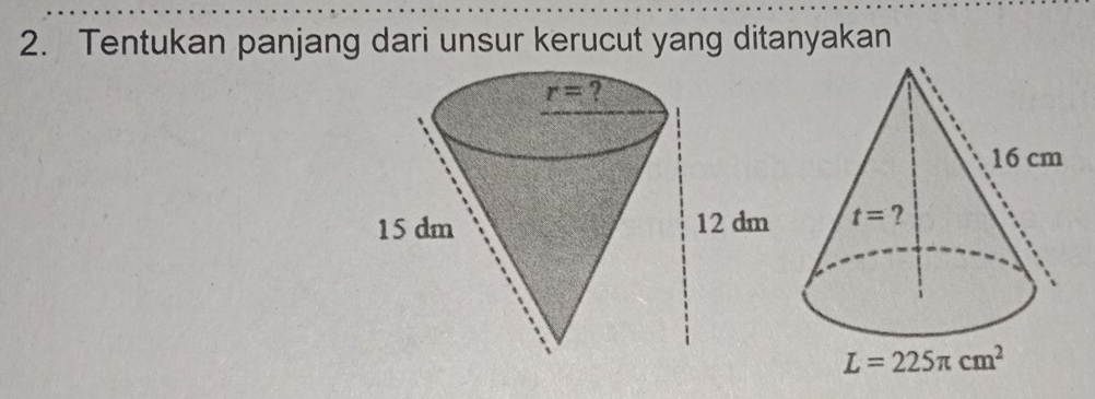 Tentukan panjang dari unsur kerucut yang ditanyakan