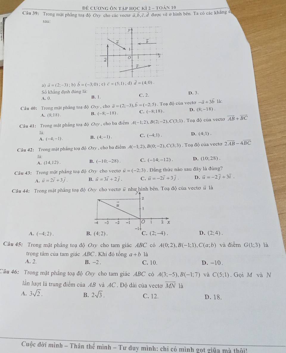 Đề cương ôn tập học kì 2 - toán 10
Câu 39: Trong mặt phẳng toạ độ Oxy cho các vectơ a,b,c,đ được vẽ ở hình bên. Ta có các khẳng đ
sau:
a) vector a=(2;-3); b) vector b=(-3;0);c) vector c=(5;1); d) vector d=(4;0).
ố khẳng định đủng là: D. 3.
A. 0. B. 1. C. 2.
Câu 40: Trong mặt phẳng toạ độ Oxy , cho vector a=(2;-3),vector b=(-2;5). Toa độ của vectơ -vector a+3vector b là:
A. (8:18). B. (-8;-18). C. (-8;18). D. (8;-18).
Câu 41: Trong mặt phẳng toạ độ Oxy, cho ba điểm A(-1;2),B(2;-2),C(3;1). Toạ độ của vecto overline AB+overline BC
là:
A. (-4;-1). B. (4;-1). C. (-4;1). D. (4;1).
Câu 42: Trong mặt phẳng toạ độ Oxy , cho ba điểm A(-1;2),B(0;-2),C(3;3). Toạ độ của vectơ 2overline AB-4overline BC
là:
A. (14,12). B. (-10;-28). C. (-14;-12). D. (10;28).
Câu 43: Trong mặt phẳng toạ độ Oxy cho vectơ vector u=(-2;3). Đẳng thức nào sau đây là đúng?
A. vector u=2vector i+3vector j. B. vector u=3vector i+2vector j. C. vector u=-2vector i+3vector j. D. vector u=-2vector j+3vector i.
Câu 44: Trong mặt phẳng toạ độ Oxy cho vectơ # như hình bên. Toạ độ của vectơ # là
A. (-4;2). B. (4;2). C. (2;-4). D. (2;4).
Câu 45: Trong mặt phẳng toạ độ Oxy cho tam giác ABC có A(0;2),B(-1;1),C(a;b) và điểm G(1;3) là
trọng tâm của tam giác ABC . Khi đó tổng a+b1dot a
A. 2. B. -2 . C. 10. D. −10 .
Câu 46: Trong mặt phẳng toạ độ Oxy cho tam giác ABC có A(3;-5),B(-1;7) và C(5;1). Gọi M và N
lần lượt là trung điểm của AB và AC . Độ dài của vectơ overline MN là
B.
A. 3sqrt(2). 2sqrt(3). C. 12. D. 18.
Cuộc đời mình - Thân thể mình - Tư duy mình: chỉ có mình gọt giữa mà thôi!