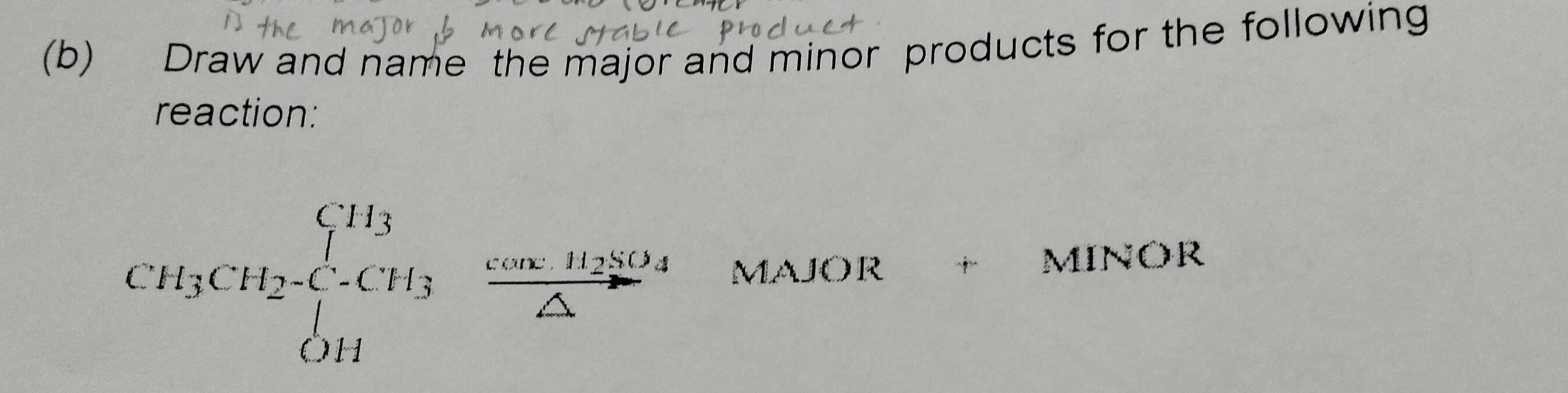 Draw and name the major and minor products for the following 
reaction:
CH_3CH_2=beginarrayl CH_3^((CH_3))CH_3 cos x· 112804/△   MAJ 
OR+MINOI