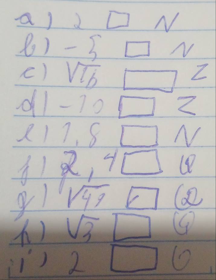 2□ wedge
8) - □ N
() sqrt(16) frac 12)^circ a-(1,a) □^2
dl -70□ ∠ 
21 1.8 □ N
1 2,4□ 14
1 sqrt(49)□ 62
() sqrt(3)□ (4)
1') frac 12sqrt(10sqrt 10) 2 
□