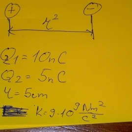 4^2
Q_1=10nC
Q_2=5nC
y=5cm
k=9· 10^9 Nm^2/c^2 