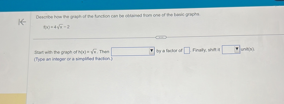 Describe how the graph of the function can be obtained from one of the basic graphs.
f(x)=4sqrt(x)-2
Start with the graph of h(x)=sqrt(x). Then □ by a factor of □. Finally, shift it □ unit(s). 
(Type an integer or a simplified fraction.)