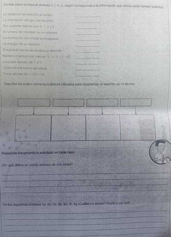 Escribe sobre la línea el símbolo n, I, m, s; según corresponda a la información que ofrece cada número cuántico. 
_ 
La distancia del electrón al núcleo 
_ 
La orientación del giro del electrón 
Sus posibles valores son 0, 1, 2 y 3 _ 
_ 
El número de orbitales de un subnível 
La orientación del orbital en el espacio_ 
_ 
La energía de un electrón 
El subnivel donde se localiza un electrón 
_ 
Número cuántico con valores -2, -1, 0, +1, +2 _ 
Adquiere valores del 1 al 7
_ 
_ 
Determina la forma del orbital 
_ 
Toma valores de + 1/2 v -1/2
Describe los cuatro números cuánticos utilizados para caracterizar un electrón de un átomo: 
Responde brevemente lo solicitado en cada caso. 
¿En qué difiere un orbital atómico de una órbita? 
_ 
_ 
_ 
_ 
De los siguientes orbitales 1p, 2s, 2d, 3p, 3d, 3f, 4g ¿Cuáles no existen? Explica por qué. 
_ 
_ 
_ 
_ 
_