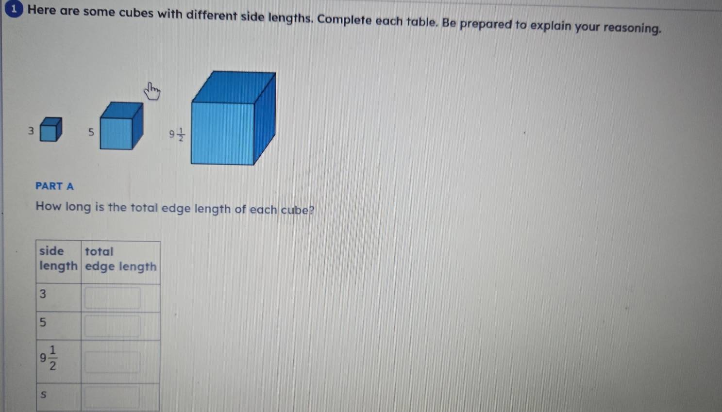 Here are some cubes with different side lengths. Complete each table. Be prepared to explain your reasoning.
3 
PART A
How long is the total edge length of each cube?