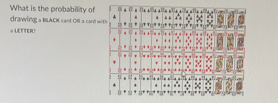 What is the probability of 
drawing a BLACK card OR a card w 
a LETTER?