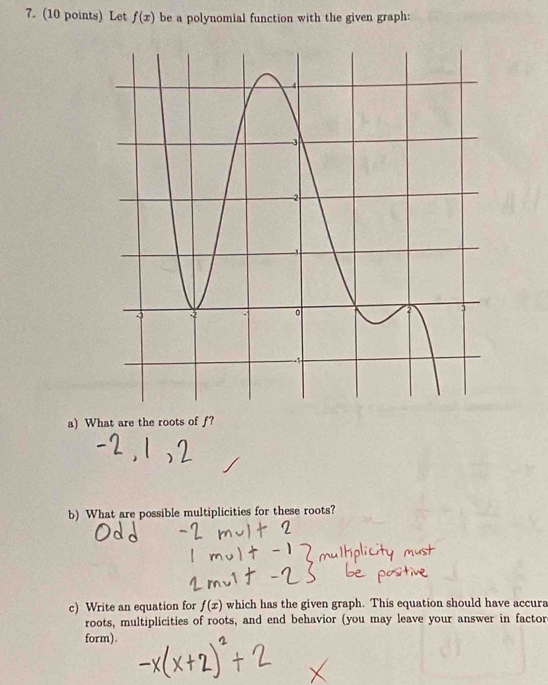 Let f(x) be a polynomial function with the given graph: 
a) What are the roots of f? 
b) What are possible multiplicities for these roots? 
c) Write an equation for f(x) which has the given graph. This equation should have accura 
roots, multiplicities of roots, and end behavior (you may leave your answer in factor 
form).