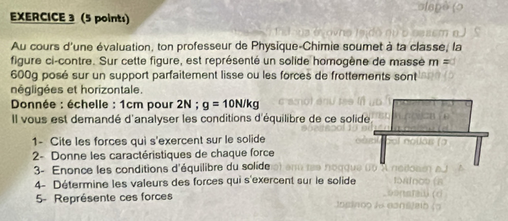 Au cours d'une évaluation, ton professeur de Physique-Chimie soumet à ta classe, la 
figure ci-contre. Sur cette figure, est représenté un solide homogène de masse m=
600g posé sur un support parfaitement lisse ou les forces de frottements sont 
négligées et horizontale. 
Donnée : échelle : 1cm pour 2N; g=10N/kg
Il vous est demandé d'analyser les conditions d'équilibre de ce solide 
1- Cite les forces qui s'exercent sur le solide 
2- Donne les caractéristiques de chaque force 
3- Enonce les conditions d'équilibre du solide 
4- Détermine les valeurs des forces qui s'exercent sur le solide 
5- Représente ces forces