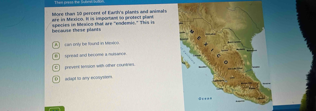 Then press the Submit button.
More than 10 percent of Earth's plants and animals
are in Mexico. It is important to protect plant
species in Mexico that are "endemic." This is
because these plants
A) can only be found in Mexico.
B) spread and become a nuisance.
C) prevent tension with other countries.
D) adapt to any ecosystem.