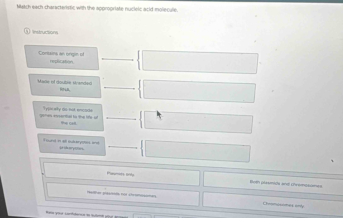 Match each characteristic with the appropriate nucleic acid molecule.
Instructions
Contains an origin of _°
replication.
| 
Made of double stranded
RNA _ □ ∴ ∠ DN=(△ A)C 
Typically do not encode
genes essential to the life of_
the cell.
_
Found in all eukaryotes and
prokaryotes.
∴ △ ADE=-(alpha -(-∠ B))=0°
Plasmids only. Both plasmids and chromosomes.
Neither plasmids nor chromosomes. Chromosomes only.
Rate your confidence to submit your answer