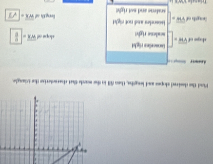 Find the desired slopes and lengths, then fill in the words that characterize the triangle.
Aer
isosceles right
slope of overline VW= scalene right
alope of overline WX=| 0/8 
length of overline VW= isosceles and not righ!
scalene and not right length of overline WX sqrt(1)