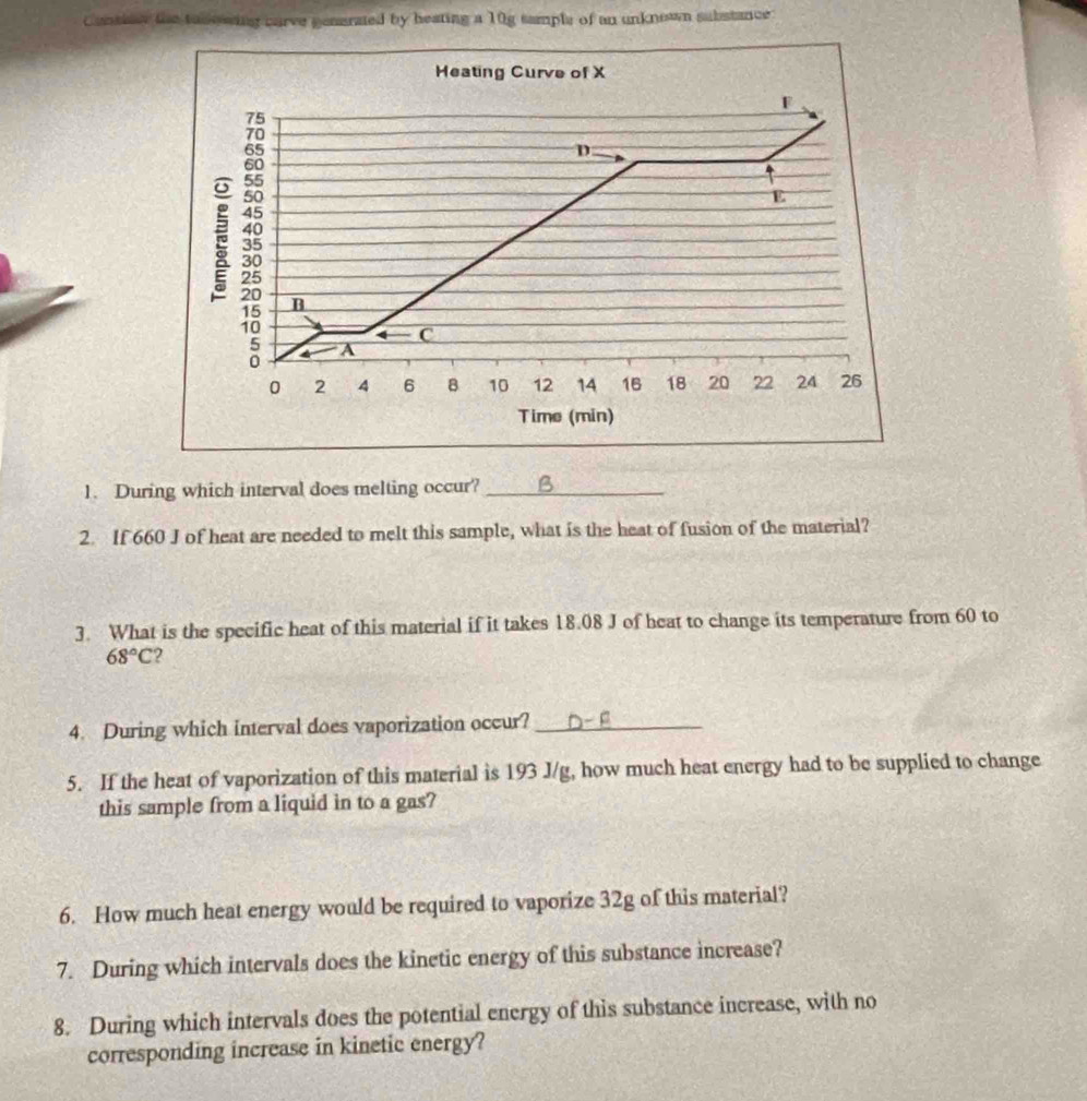 the tosowing carve generated by heating a 10g sample of an unknown substance.
1. During which interval does melting occur?_
2. If 660 J of heat are needed to melt this sample, what is the heat of fusion of the material?
3. What is the specific heat of this material if it takes 18.08 J of heat to change its temperature from 60 to
68°C ?
4. During which interval does vaporization occur?_
5. If the heat of vaporization of this material is 193 J/g, how much heat energy had to be supplied to change
this sample from a liquid in to a gas?
6. How much heat energy would be required to vaporize 32g of this material?
7. During which intervals does the kinetic energy of this substance increase?
8. During which intervals does the potential energy of this substance increase, with no
corresponding increase in kinetic energy?