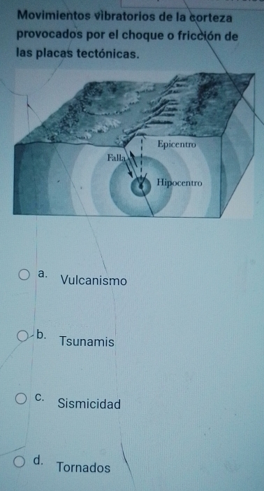 Movimientos víbratorios de la corteza
provocados por el choque o fricción de
las placas tectónicas.
a. Vulcanismo
b. Tsunamis
C. Sismicidad
d. Tornados