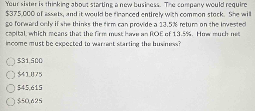 Your sister is thinking about starting a new business. The company would require
$375,000 of assets, and it would be financed entirely with common stock. She will
go forward only if she thinks the firm can provide a 13.5% return on the invested
capital, which means that the firm must have an ROE of 13.5%. How much net
income must be expected to warrant starting the business?
$31,500
$41,875
$45,615
$50,625