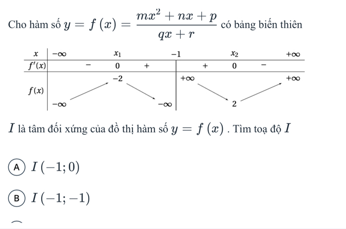 Cho hàm số y=f(x)= (mx^2+nx+p)/qx+r  có bảng biến thiên
I là tâm đối xứng của đồ thị hàm số y=f(x). Tìm toạ độ I
A I(-1;0)
B I(-1;-1)