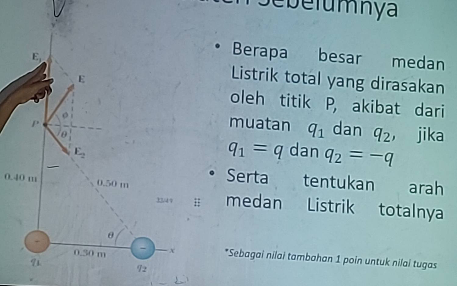 Sebelumnya 
E 
Berapa besar medan 
E 
Listrik total yang dirasakan 
oleh titik P, akibat dari 
0 
muatan q_1 dan q_2
P ， jika
θ
q_1=q
E_2 dan q_2=-q
Serta
0.40 m 0.50 m tentukan arah
33/4 9;; medan Listrik totalnya
θ
0.30 m
- X *Sebagai nilai tambahan 1 poin untuk nilai tugas 
9
92