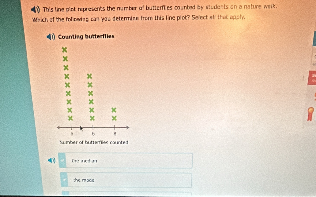 This line plot represents the number of butterflies counted by students on a nature walk.
Which of the following can you determine from this line plot? Select all that apply,
5
0 the median
the mode