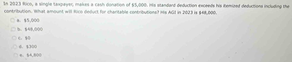 In 2023 Rico, a single taxpayer, makes a cash donation of $5,000. His standard deduction exceeds his itemized deductions including the
contribution. What amount will Rico deduct for charitable contributions? His AGI in 2023 is $48,000.
a. $5,000
b. $48,000
c. $0
d. $300
e. $4,800