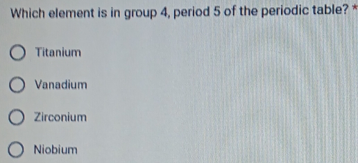 Which element is in group 4, period 5 of the periodic table? *
Titanium
Vanadium
Zirconium
Niobium