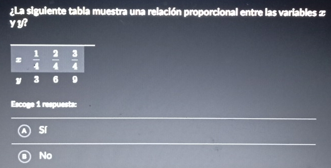 ¿La siguiente tabla muestra una relación proporcional entre las variables x
vy
z  1/4   2/4   3/4 
y 3 6 9
Escoge 1 respuesta:
Sí
No