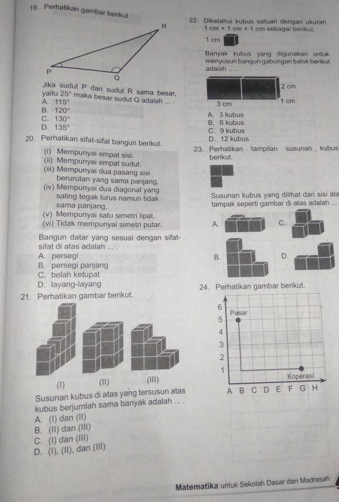 Perhatikan gambar berikut.
22. Diketahui kubus satuan dengan ukuran
1cm* 1cm* 1 cm sebagai berikut.
1 cm
Banyak kubus yang digunakan untuk
menyusun bangun gabungan balok berikut
adalah   
2 cm
Jika sudut P dan sudut R sama besar,
yaitu 25° maka besar sudut Q adalah ... .
A. 115° 3 cm 1 cm
B. 120°
C. 130°
A. 3 kubus
B. 6 kubus
D. 135° C. 9 kubus
D. 12 kubus
20. Perhatikan sifat-sifat bangun berikut.
23. Perhatikan tampilan susunan kubus
(i) Mempunyai empat sisi. berikut.
(ii) Mempunyai empat sudut.
(iii) Mempunyai dua pasang sisi
berurutan yang sama panjang,
(iv) Mempunyai dua diagonal yang
saling tegak lurus namun tidak Susunan kubus yang dilihat dari sisi ata
sama panjang. tampak seperti gambar di atas adalah ...
(v) Mempunyai satu simetri lipat.
(vi) Tidak mempunyai simetri putar.
A.
C.
Bangun datar yang sesuai dengan sifat-
sifat di atas adalah ... .
A. persegi B. D.
B. persegi panjang
C. belah ketupat
D. layang-layang
24. Perhatikan gambar berikut.
21. Perhatikan gambar berikut.
6
Pasar
5
4
3
2
1
(1)
(11) Koperasi
Susunan kubus di atas yang tersusun atas
A B C D E F G H
kubus berjumlah sama banyak adalah ... .
A. (I) dan (II)
B. (II) dan (III)
C. (I) dan (III)
D. (I), (II), dan (III)
Matematika untuk Sekolah Dasar dan Madrasah