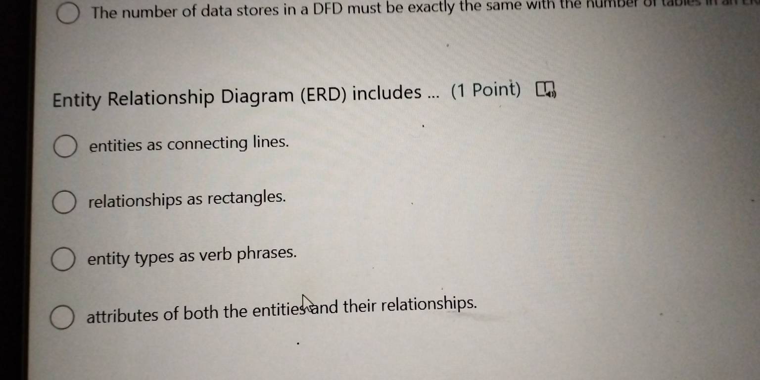 The number of data stores in a DFD must be exactly the same with the number of tables
Entity Relationship Diagram (ERD) includes ... (1 Point)
entities as connecting lines.
relationships as rectangles.
entity types as verb phrases.
attributes of both the entities and their relationships.