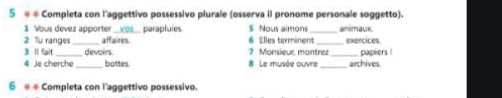 5 # # Completa con l'aggettivo possessivo plurale (osserva il pronome personale soggetto). 
1 Vous devez apporter __ves__ parapluies. 5 Nous aimons _animalk 
2 Tu ranges _affaires. 6 Elles terminent _exercices 
3 1l fait devoirs. 7 Monsieur, montrez 
4 Je cherche _bottes 8 Le musée ouvre __archives papiers ! 
6 # = Completa con l'aggettivo possessivo.