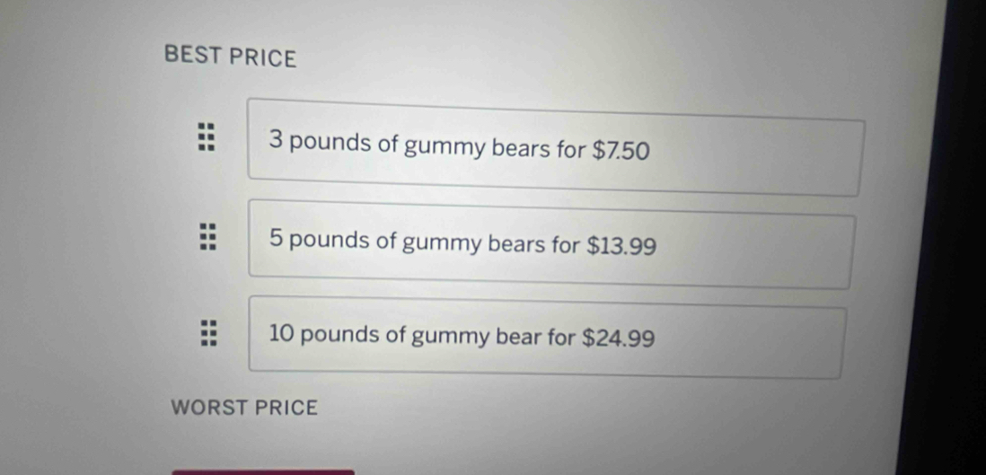 BEST PRICE
3 pounds of gummy bears for $7.50
5 pounds of gummy bears for $13.99
10 pounds of gummy bear for $24.99
WORST PRICE