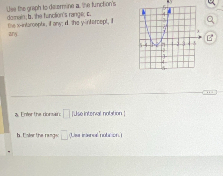 Use the graph to determine a. the function's ) 
domain; b. the function's range; c. 
the x-intercepts, if any; d. the y-intercept, if 
any. 
a. Enter the domain: □ (Use interval notation.) 
b. Enter the range: □ (Use interval notation.)