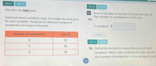 ⑤ PlAy ④ 1 sandwich : $ □
M kona wanet 
(b) Zachariah decides to reduce the price of each 
sandwich. Which ratio could be the new ratio of 
the number of sandwiches to the sandwich cost