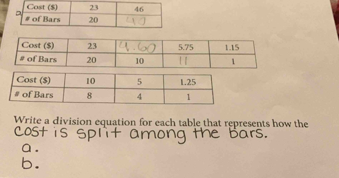 Write a division equation for each table that represents how the