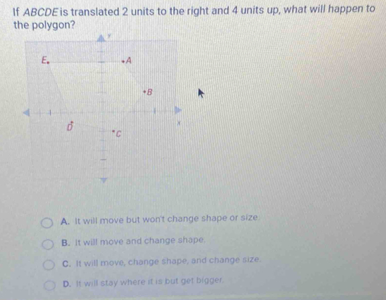 If ABCDE is translated 2 units to the right and 4 units up, what will happen to
the polygon?
A. It will move but won't change shape or size.
B. It will move and change shape.
C. It will move, change shape, and change size.
D. It will stay where it is but get bigger.