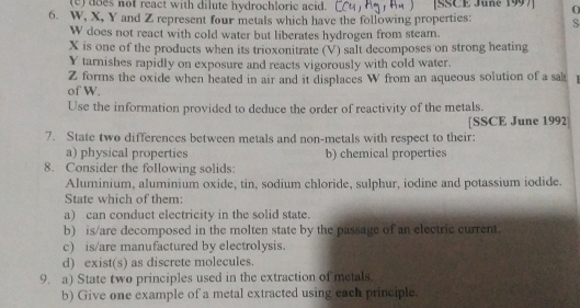 does not react with dilute hydrochloric acid. [SSCE Juné 1997] O 
6. W, X, Y and Z represent four metals which have the following properties: s
W does not react with cold water but liberates hydrogen from steam.
X is one of the products when its trioxonitrate (V) salt decomposes on strong heating
Y tarnishes rapidly on exposure and reacts vigorously with cold water.
Z forms the oxide when heated in air and it displaces W from an aqueous solution of a sak 
of W. 
Use the information provided to deduce the order of reactivity of the metals. 
[SSCE June 1992 
7. State two differences between metals and non-metals with respect to their: 
a) physical properties b) chemical properties 
8. Consider the following solids: 
Aluminium, aluminium oxide, tin, sodium chloride, sulphur, iodine and potassium iodide. 
State which of them: 
a) can conduct electricity in the solid state. 
b) is/are decomposed in the molten state by the passage of an electric current. 
c) is/are manufactured by electrolysis. 
d) exist(s) as discrete molecules. 
9.a) State two principles used in the extraction of metals. 
b) Give one example of a metal extracted using each principle.