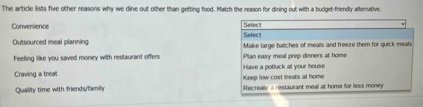 The article lists five other reasons why we dine out other than getting food. Match the reason for dining out with a budget-friendly alternative.
Convenience Select
Outsourced meal planning Select
Make large batches of meals and freeze them for quick meals
Feeling like you saved money with restaurant offers Plan easy meal prep dinners at home
Have a potluck at your house
Craving a treat
Keep low cost treats at home
Quality time with friends/family Recreate a restaurant meal at home for less money