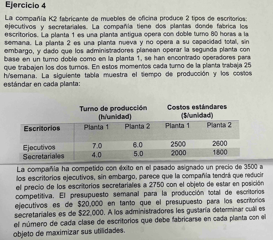 La compañía K2 fabricante de muebles de oficina produce 2 tipos de escritorios: 
ejecutivos y secretariales. La compañía tiene dos plantas donde fabrica los 
escritorios. La planta 1 es una planta antigua opera con doble turno 80 horas a la 
semana. La planta 2 es una planta nueva y no opera a su capacidad total, sin 
embargo, y dado que los administradores planean operar la segunda planta con 
base en un turno doble como en la planta 1, se han encontrado operadores para 
que trabajen los dos turnos. En estos momentos cada turno de la planta trabaja 25
h/semana. La siguiente tabla muestra el tiempo de producción y los costos 
estándar en cada planta: 
La compañía ha competido con éxito en el pasado asignado un precio de 3500 a 
los escritorios ejecutivos, sin embargo, parece que la compañía tendrá que reducir 
el precio de los escritorios secretariales a 2750 con el objeto de estar en posición 
competitiva. El presupuesto semanal para la producción total de escritorios 
ejecutivos es de $20,000 en tanto que el presupuesto para los escritorios 
secretariales es de $22,000. A los administradores les gustaría determinar cuál es 
el número de cada clase de escritorios que debe fabricarse en cada planta con el 
objeto de maximizar sus utilidades.