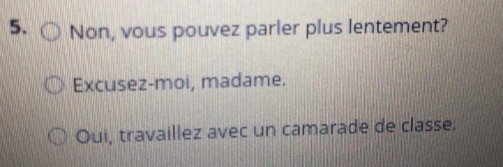 Non, vous pouvez parler plus lentement? 
Excusez-moi, madame. 
Oui, travaillez avec un camarade de classe.