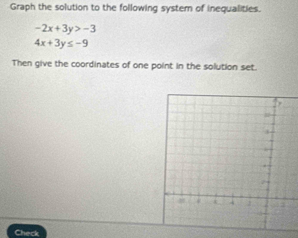 Graph the solution to the following system of inequalities.
-2x+3y>-3
4x+3y≤ -9
Then give the coordinates of one point in the solution set.
Check