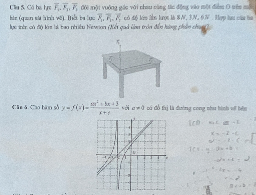 Có ba lực vector F_1, vector F_2, vector F_3 đôi một vuông góc với nhau cùng tác động vào một điểm O tên một
bàn (quan sát hình vẽ). Biết ba lực overline F_1, overline F_2, overline F_3 có độ lớn lần lượt là 8N, 3N, 6N. Hợp lựu của ba
lực trên có độ lớn là bao nhiêu Newton (Kết quả làm tròn đến hàng phần chum)
P_3
F_2
0
Câu 6. Cho hàm số y=f(x)= (ax^2+bx+3)/x+c  với a!= 0 có đồ thị là đường cong như hình về bên