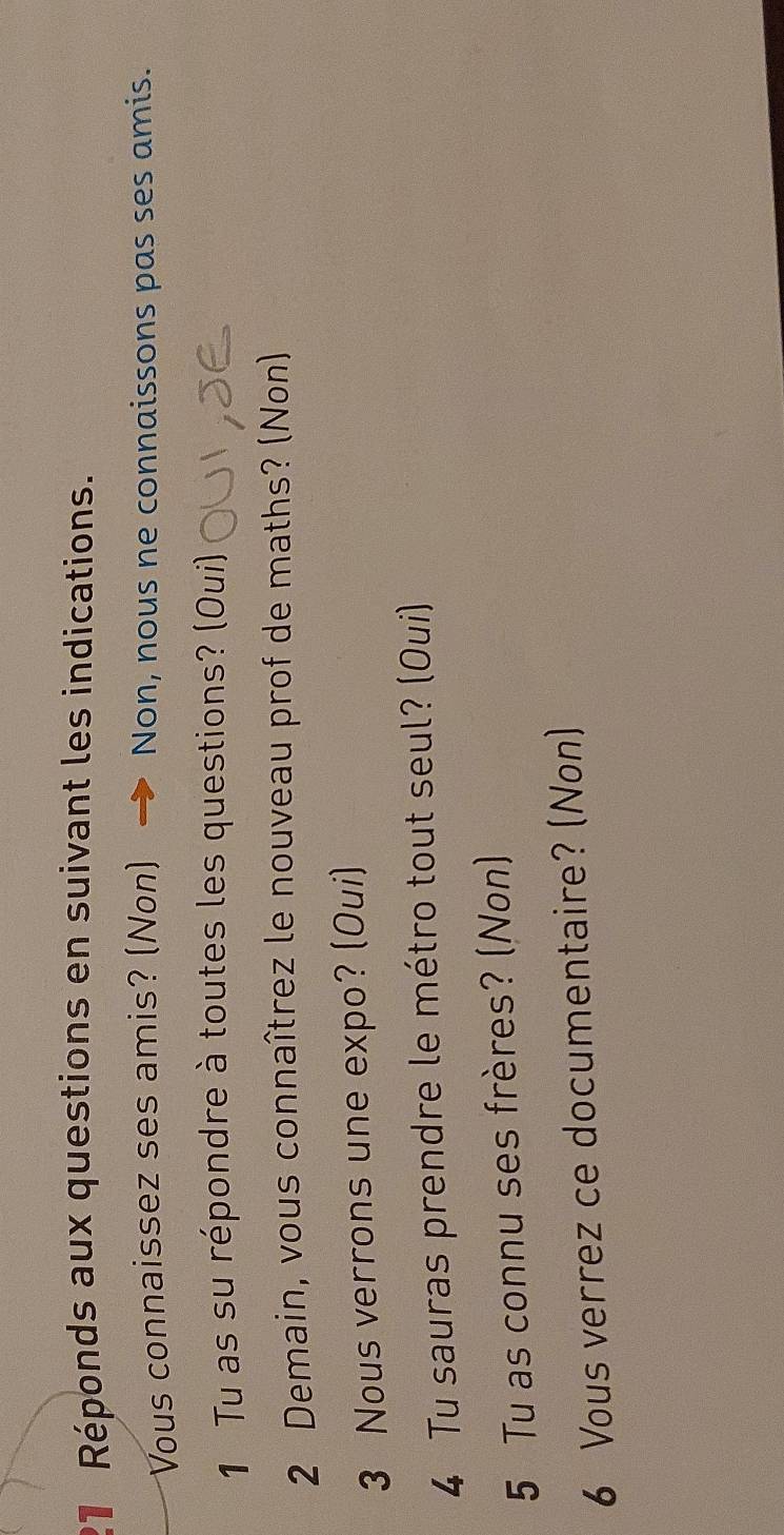 Réponds aux questions en suivant les indications.
Vous connaissez ses amis? (Non) Non, nous ne connaissons pas ses amis.
1 Tu as su répondre à toutes les questions? (Oui)
2 Demain, vous connaîtrez le nouveau prof de maths? (Non)
3 Nous verrons une expo? (Oui)
4 Tu sauras prendre le métro tout seul? (Oui)
5 Tu as connu ses frères? (Non)
6 Vous verrez ce documentaire? (Non)