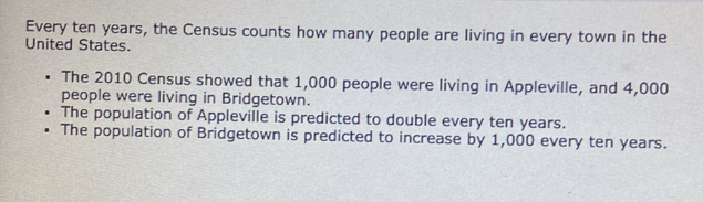 Every ten years, the Census counts how many people are living in every town in the 
United States. 
The 2010 Census showed that 1,000 people were living in Appleville, and 4,000
people were living in Bridgetown. 
The population of Appleville is predicted to double every ten years. 
The population of Bridgetown is predicted to increase by 1,000 every ten years.