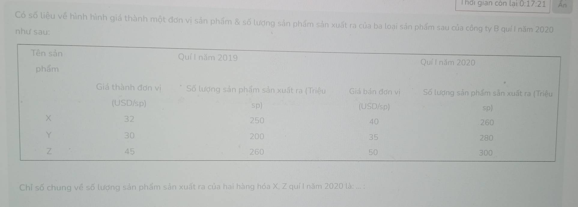 hời gian còn lại 0:17:21 Ấn 
Có số liệu về hình hình giá thành một đơn vị sản phầm & số lượng sản phẩm sản xuất ra của ba loại sản phẩm sau của công ty B quí I năm 2020 
như sau: 
Chỉ số chung về số lượng sản phẩm sản xuất ra của hai hàng hóa X, Z quí I năm 2020 là: ... :