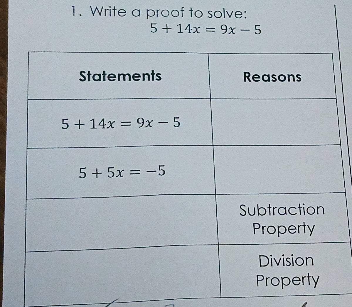 Write a proof to solve:
5+14x=9x-5