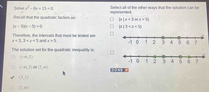 Solve x^2-8x+15<0</tex>. Select all of the other ways that the solution can be
represented.
Recall that the quadratic factors as:
 x|x<3</tex> or x>5
(x-3)(x-5)<0</tex>
 x|3
Therefore, the intervals that must be tested are
x<3</tex>, 3 and x>5. 
The solution set for the quadratic inequality is:
(-∈fty ,3)
(-∈fty ,3) or (5,∈fty ) DONE
(3,5)
(5,∈fty )