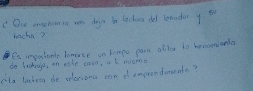 " Qoe ensenanza nos deja b lechura del lenador y u 
hacha? 
Es important tomorse on tempo para afilar to honamionda 
de trabajo, en este caso, a t mismo 
dla lectora de relaciona con elemprendimento?